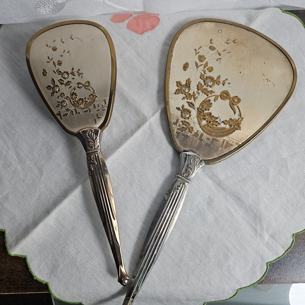 Vintage Gold Toned Vanity Set Hand Mirror and Brush